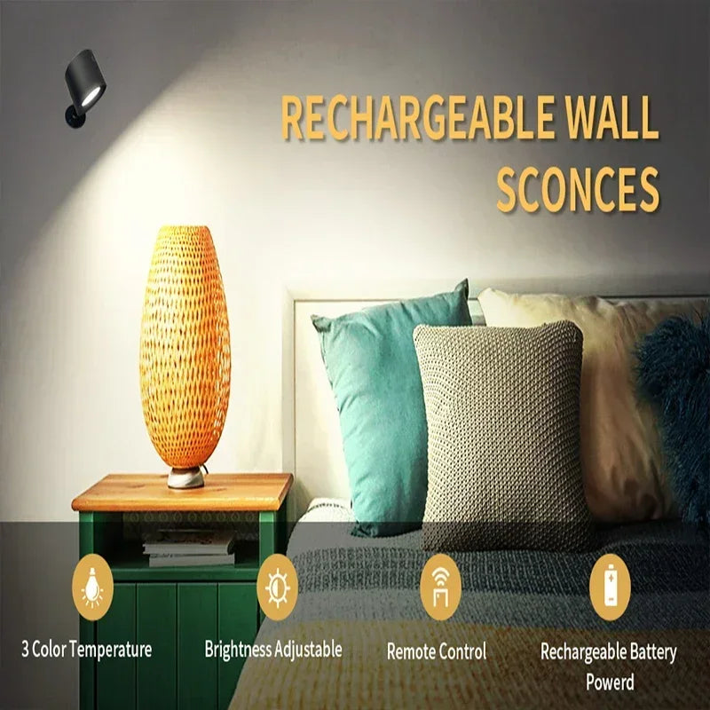 Wireless Magnetic Wall Lamp – 360° Rotating LED Reading Light with Remote Control