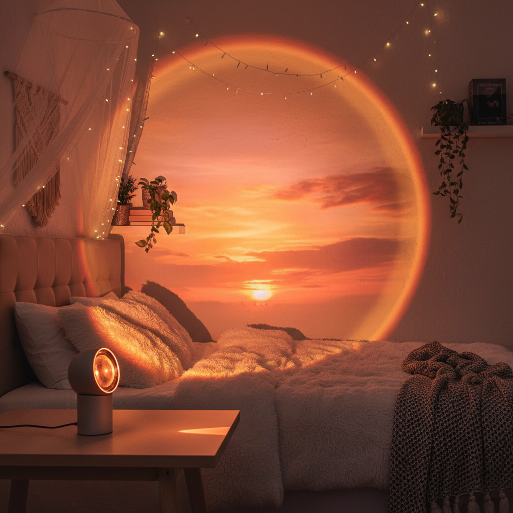 Sunset lamp casting golden hour glow on bedroom wall