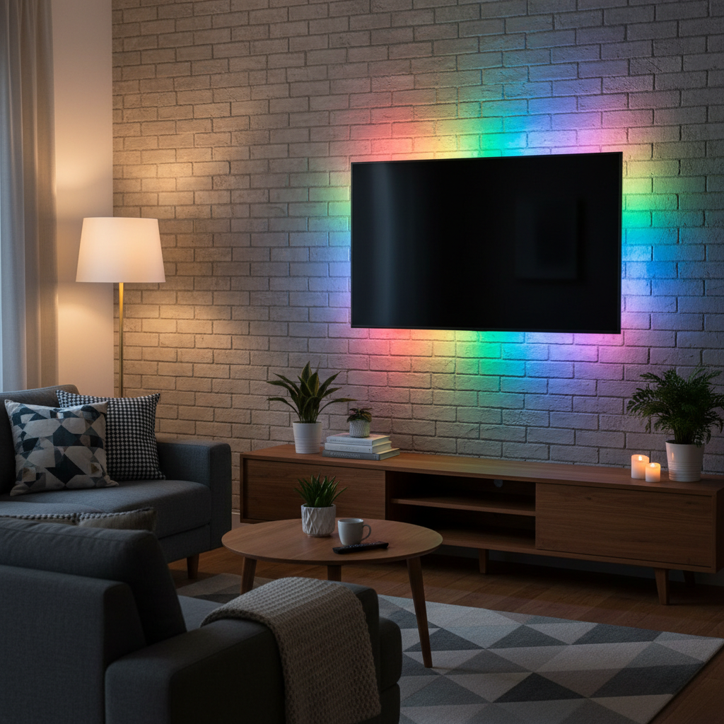 RGB LED strips behind TV creating bias lighting effect