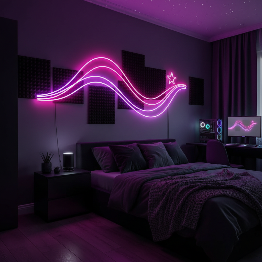 Neon flex strip bent into custom shape on bedroom wall