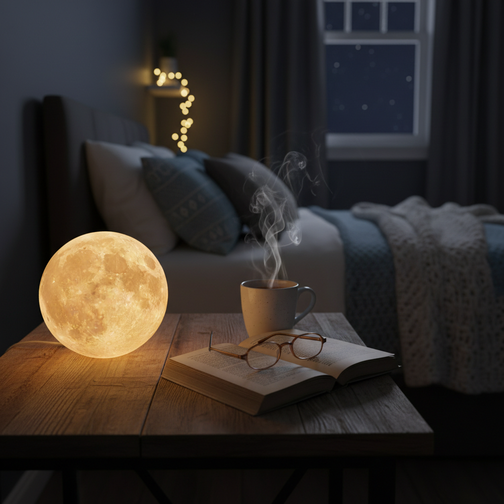 Moon lamp on bedside table with book and tea, cozy atmosphere