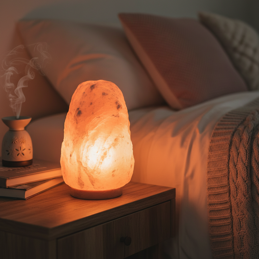 Himalayan salt lamp glowing warm amber on bedroom nightstand