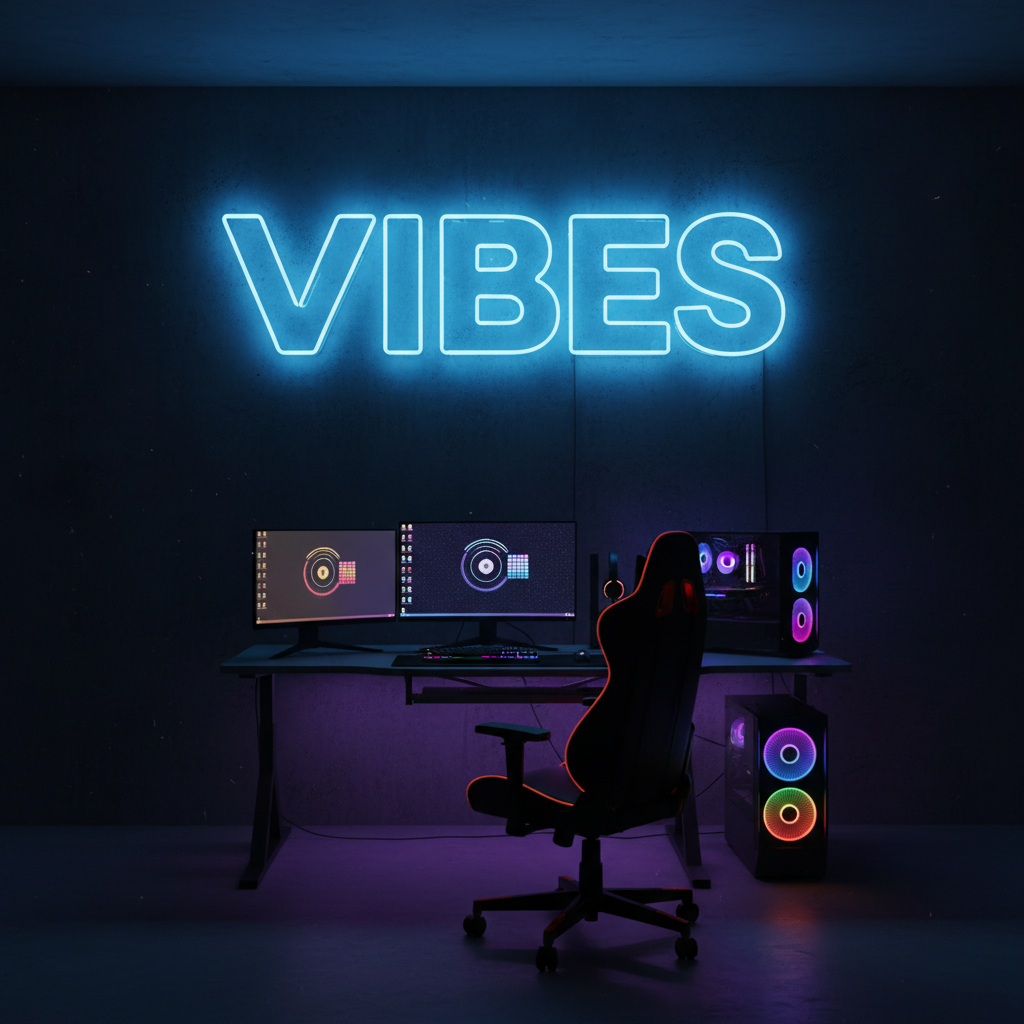 Neon flex spelling VIBES on gaming room wall