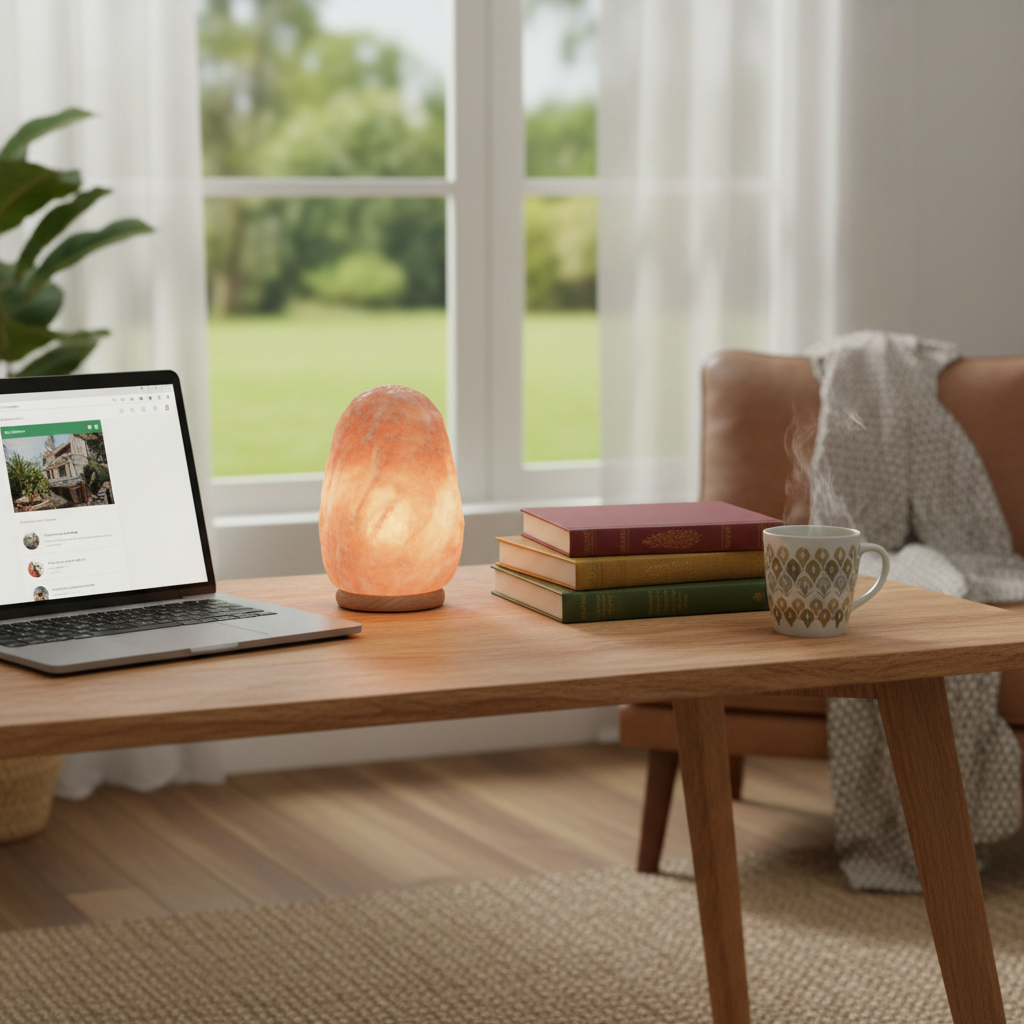 Himalayan salt lamp on home office desk with laptop
