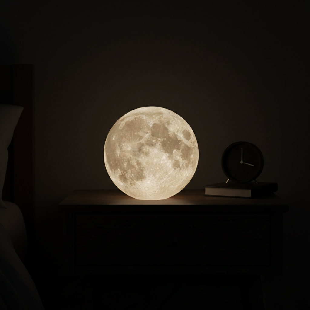 VibeLux 3D Moon Lamp glowing warm white on bedroom nightstand